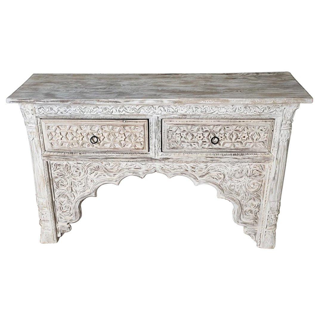 Whitewash Carved Wooden Console - BHM Home